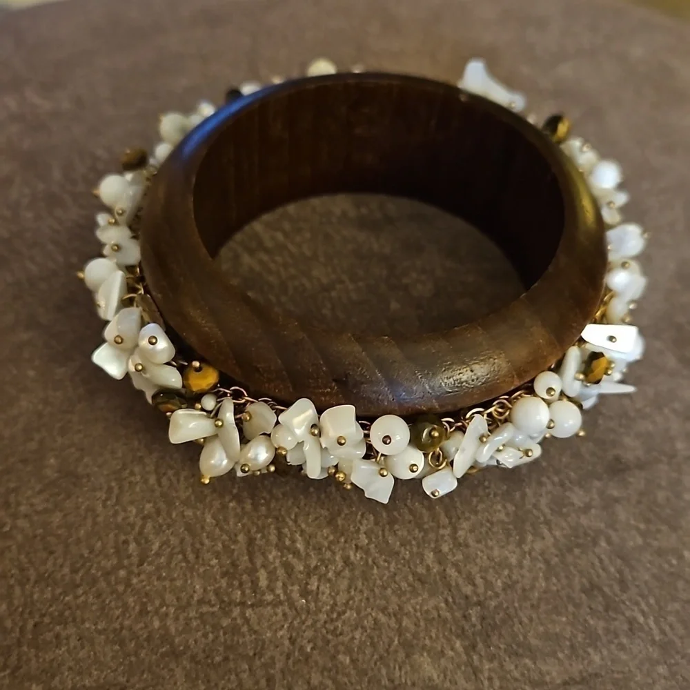 VTG Wood Mother of Pearl Bauble Cha Cha Bangle Mermaidcore Chunky Bracelet